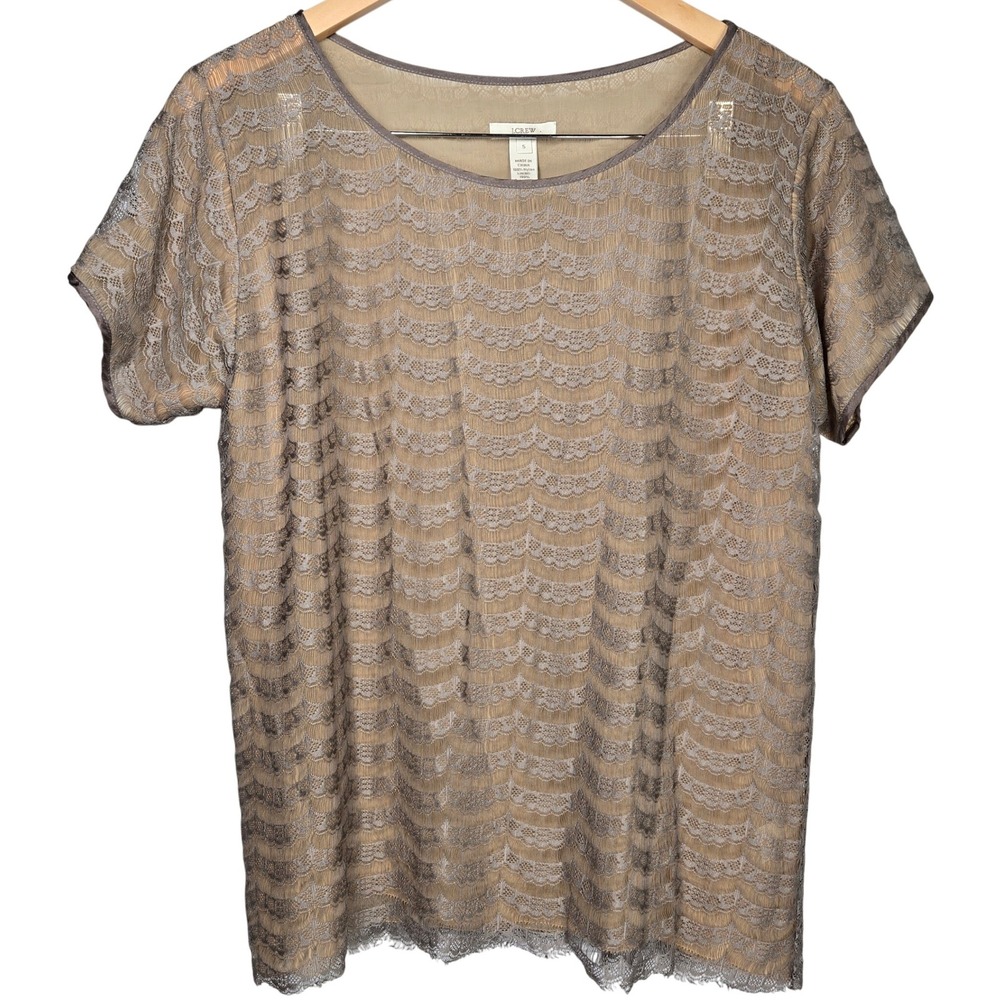 J. Crew Womens Lace Overlay Sheer Blouse Tunic Tan‎ Beige Short Sleeve Size S